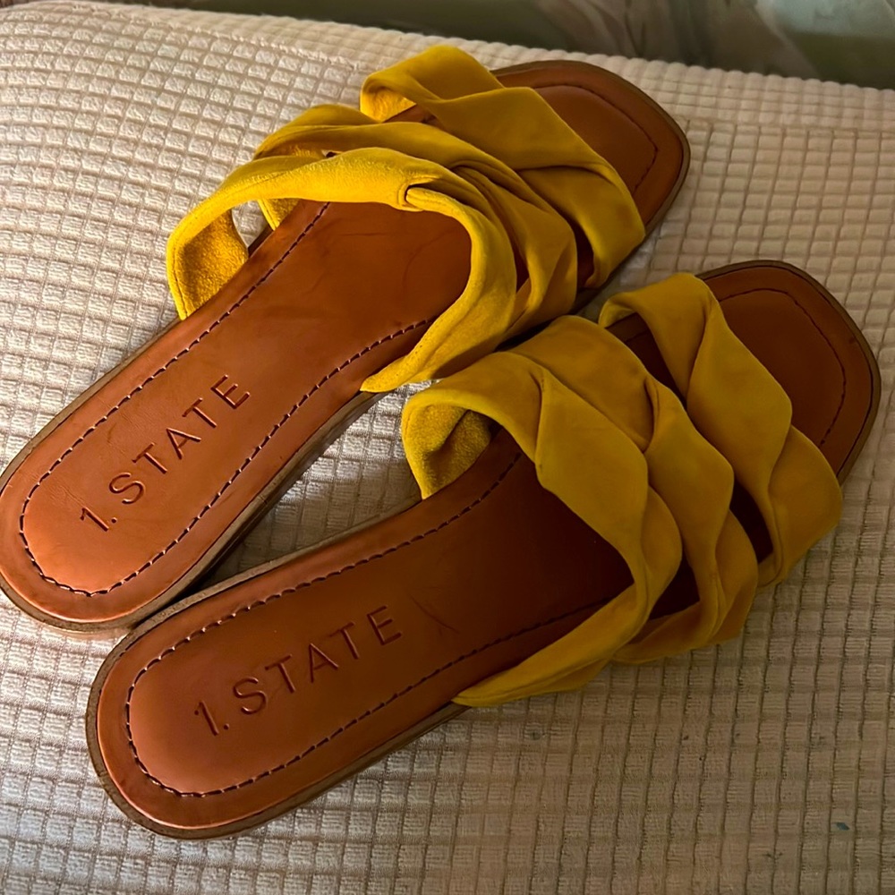 1.State FREL Suede Sunshine Yellow Sandals.
